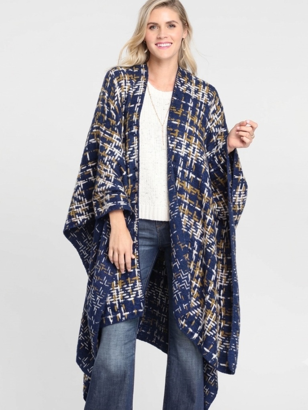 New World Market Plaid Wrap One Size Longline Blue Multicolor